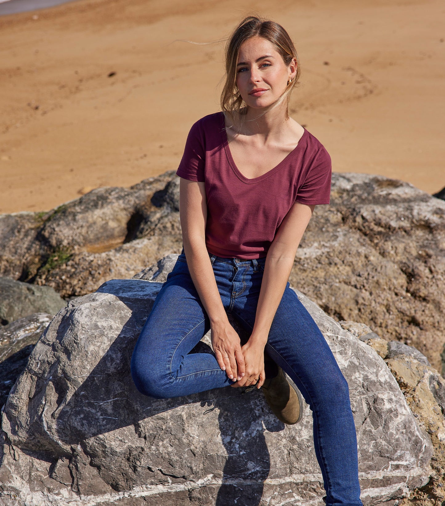 T-shirt col V Femme Bordeaux - Intemporel