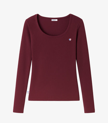 T-shirt Femme Côtelé Manches Longues Bordeaux - Iconique