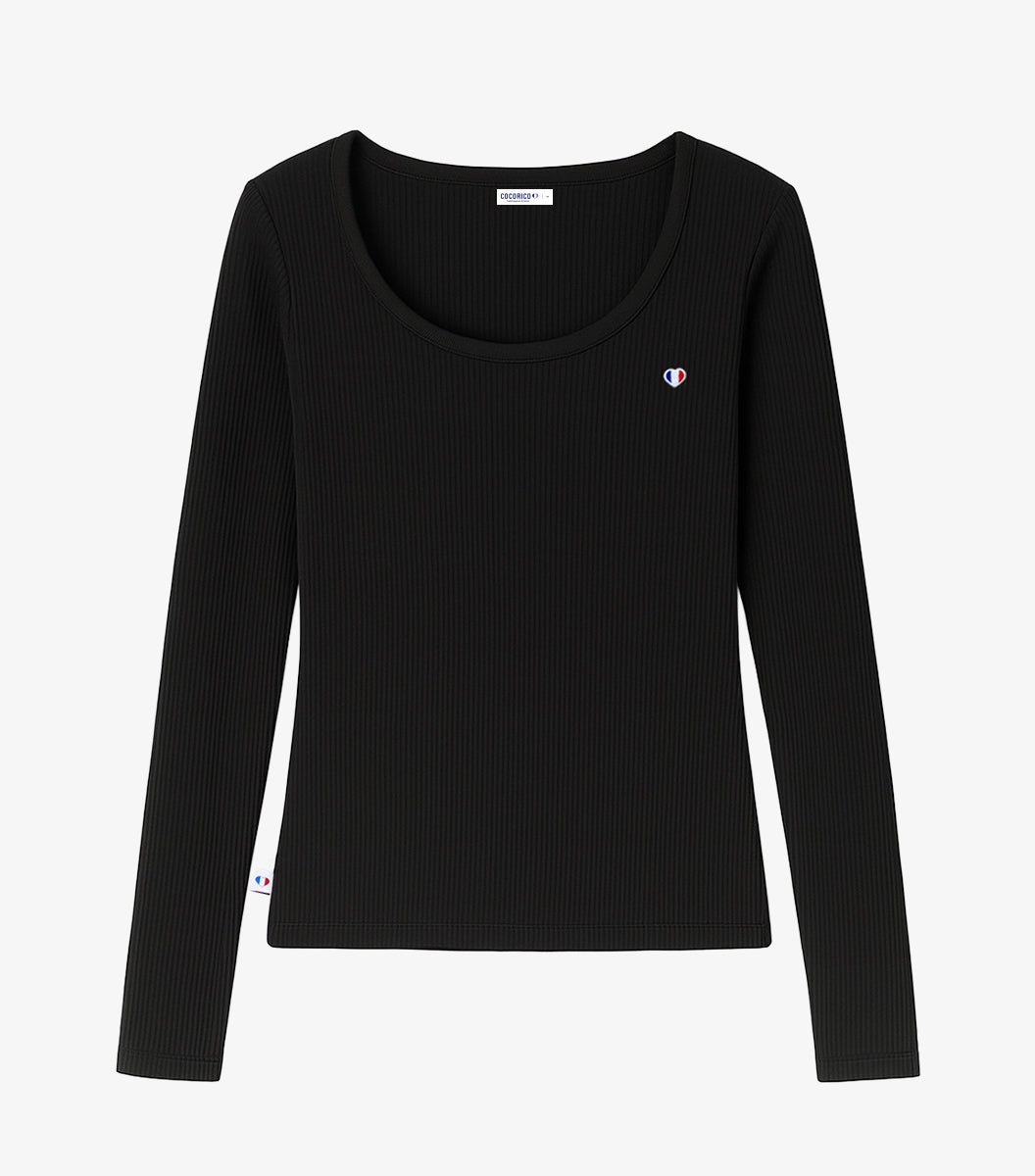 T-shirt Femme Côtelé Manches Longues Noir - Iconique