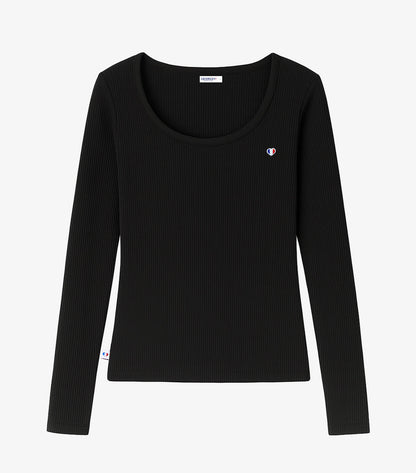 T-shirt Femme Côtelé Manches Longues Noir - Iconique