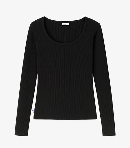 T-shirt Femme Côtelé Manches Longues Noir - Intemporel