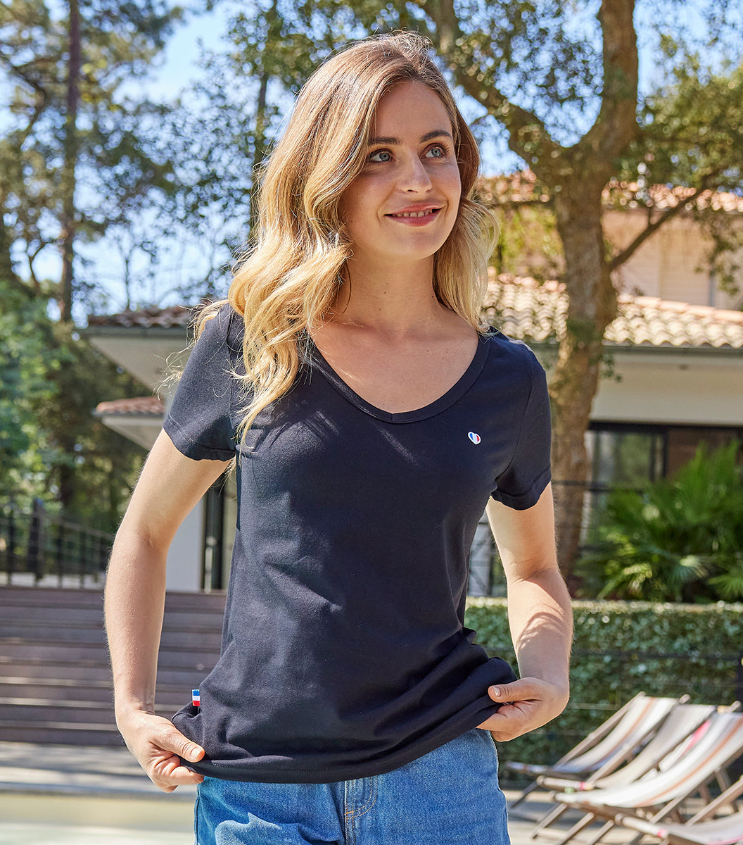 T-shirt col V Femme Noir - Iconique